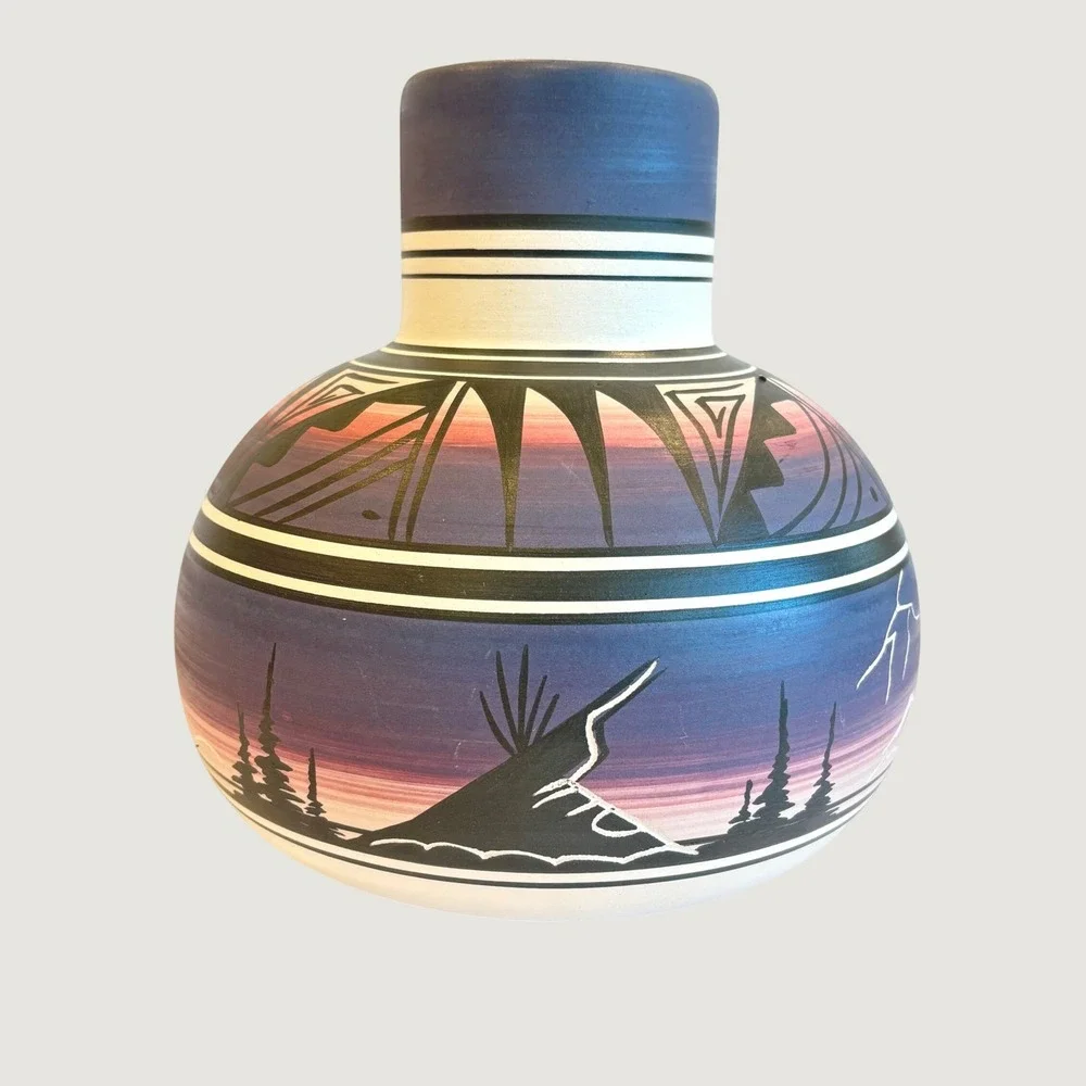Vintage Navajo Pottery Vase Signed End of the Trail Hand Painted Signed 6.5